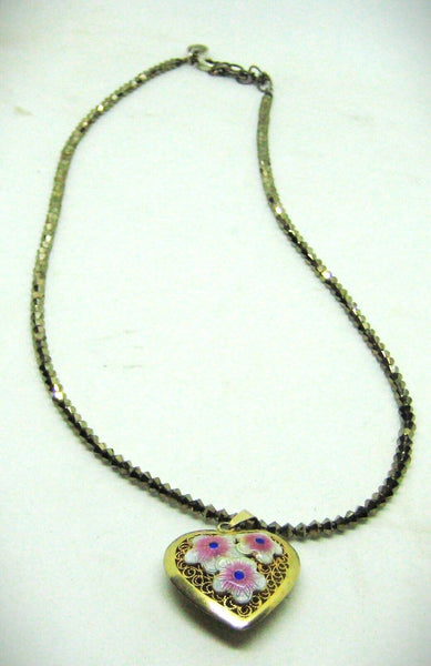 Vintage Sterling Silver Necklace Ceramic Inlaid on Mesh Hart w/ Resin 18" Chain