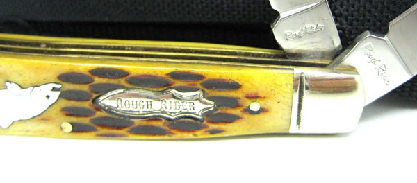 Rough Rider Pocket Knife Two Blade 440 SS Trout Logo Stag Bone Handle New