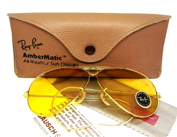 Ray-Ban USA NOS Vintage 80s B&L Aviator Bullet Shooter Ambermatic New Sunglasses