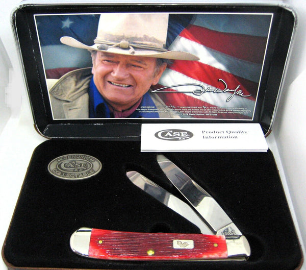 John Wayne Knife Case USA folding 07444 Barnboard Jigged Dark Red Bone Trapper