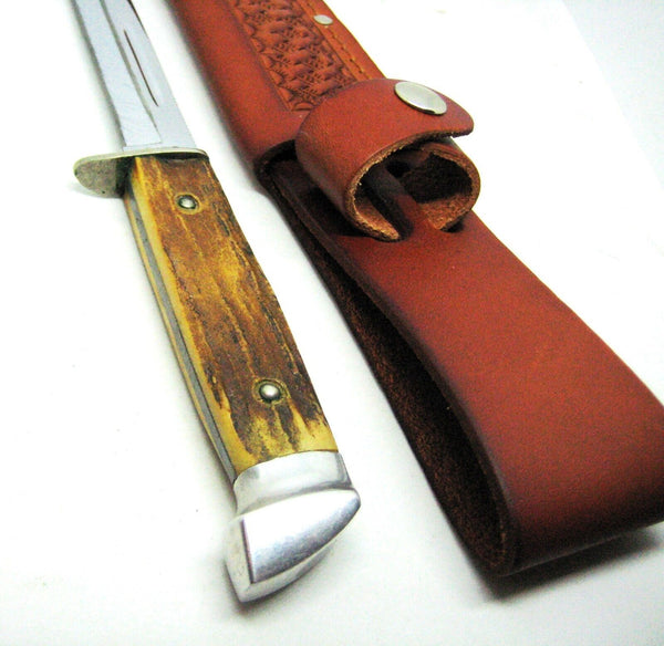 Vintage 1940s Case USA Stag 5” Chromed/saber Fixed Blade Knife w/ Leather Sheath