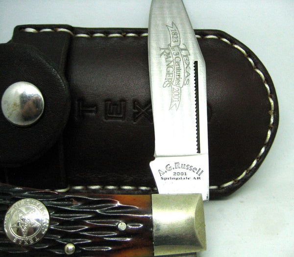 Rare A.G. RUSSELL USA Vintage 2001 TEXAS RANGERS Bone Folding Knife & Sheath