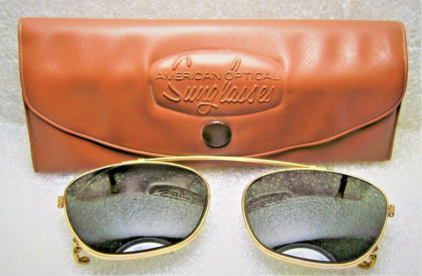 Vintage *AO USA 1950s American Optical Rare "Clip-on" 48 *Mint Sunglasses & Case - Vintage Sunglasses 