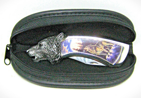 *NOS Vintage 1980s Franklin Mint USA Howling Moon Wolf New Knife & pouch
