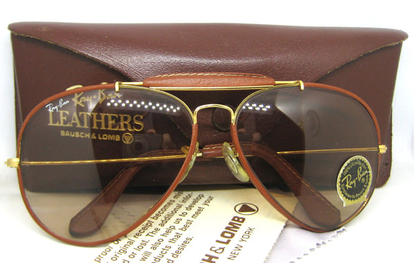 Ray-Ban USA NOS Vintage B&L Aviator Leathers 62mm Brown Photo-Changeable New Sunglasses
