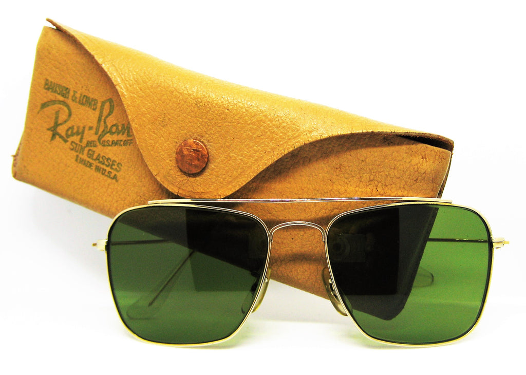 Ray-Ban USA *Mint Vintage 1950s B&L Aviator Rare Brace Caravan Sunglasses & Case - Vintage Sunglasses 
